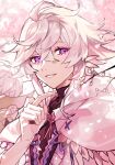  2boys ahoge asclepius_(fate) cherry_blossoms fate/grand_order fate_(series) flower flower_knot hair_between_eyes highres hood hooded_robe long_hair looking_at_viewer male_focus merlin_(fate) multiple_boys outdoors petals purple_eyes robe sigm upper_body white_hair white_robe 