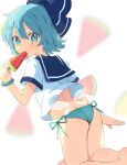  1girl bare_arms bare_legs blue_bow blue_eyes blue_hair bow cirno fairy food hair_between_eyes hair_bow highres holding holding_food ice ice_wings paragasu_(parags112) popsicle shirt short_hair short_sleeves solo touhou white_shirt wings 