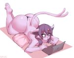  anthro big_breasts big_butt blush blush_lines borvar breasts butt computer eeveelution espeon female generation_2_pokemon hair hi_res huge_breasts huge_butt laptop lying nintendo on_front open_mouth pillow pokemon pokemon_(species) purple_body purple_eyes purple_hair signature solo tail text thick_thighs 