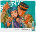  1boy 1girl ainu ainu_clothes air_bubble asirpa bandana behind_another black_hair blue_background blue_bandana blue_eyes border bottle bubble coat earrings fake_ad gkyoyo00 golden_kamuy green_kimono grin hands_up hat highres holding holding_bottle hoop_earrings japanese_clothes jewelry kepi kimono long_hair long_sleeves looking_at_viewer military_hat purple_kimono ramune scar scar_on_cheek scar_on_face scar_on_mouth scar_on_nose shirt short_hair sleeves_rolled_up smile spiked_hair sugimoto_saichi upper_body white_border white_coat white_shirt wrist_guards yellow_eyes 