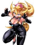  1girl armlet bare_shoulders black_gloves black_nails black_overalls blonde_hair blue_eyes blush bowsette bracelet breasts cleavage collar commentary_request crown elbow_gloves fingerless_gloves fingernails foot_out_of_frame gloves hair_between_eyes horns jewelry large_breasts long_hair looking_at_viewer mario_(series) medium_bangs new_super_mario_bros._u_deluxe open_mouth overalls pointy_ears shimizu_pem simple_background smile solo spiked_armlet spiked_bracelet spiked_collar spiked_shell spiked_tail spikes super_crown tail turtle_shell v-shaped_eyebrows white_background yellow_horns 