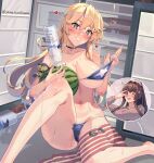  2girls alcohol armlet blue_eyes blush bottle breasts brown_hair choker cleavage drunk embarrassed food fruit glass_bottle grin hair_between_eyes hair_intakes heart highres himeyamato holding holding_food holding_fruit iowa_(kancolle) kantai_collection knee_up large_breasts long_hair looking_at_viewer messy messy_hair mixed-language_commentary multiple_girls navel on_ground one_eye_closed open_mouth red_eyes removing_bikini_top smile solo_focus star-shaped_pupils star_(symbol) symbol-shaped_pupils very_long_hair vodka watermelon yamato_(kancolle) 