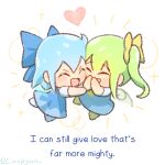  2girls :d ^_^ blue_dress blue_hair cirno closed_eyes commentary daiyousei dress english_commentary english_text full_body green_hair green_tea_reimu heart multiple_girls open_mouth short_hair short_sleeves side_ponytail simple_background smile touhou twitter_username white_background 