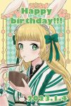  1girl 2023 :t animal_ears blonde_hair blunt_bangs bow bowl chopsticks dated eating fire_emblem fire_emblem:_three_houses green_bow green_eyes green_kimono hair_bow happy_birthday highres holding holding_bowl holding_chopsticks ingrid_brandl_galatea japanese_clothes kimono long_hair rabbit_ears solo striped striped_kimono upper_body wrist_cuffs yuurururun 