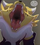  2023 absurd_res anthro bandai_namco bodily_fluids digimon digimon_(species) digital_media_(artwork) dripping english_text eyes_closed fur hi_res imminent_vore kuroodod renamon saliva saliva_drip sharp_teeth simple_background speech_bubble teeth text tongue tongue_out white_body white_fur yellow_body yellow_fur 