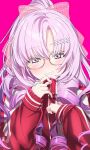  00_00mare 1girl blush bow drill_hair drill_sidelocks glasses hair_bow hair_ornament hairclip head_tilt highres hyakumantenbara_salome hyakumantenbara_salome_(2nd_costume) jacket light_purple_hair long_hair long_sleeves looking_at_viewer nijisanji official_alternate_costume parted_bangs pink_background pink_bow ponytail purple_eyes red_track_suit ringlets sidelocks simple_background smile solo teeth track_jacket virtual_youtuber zipper zipper_pull_tab 