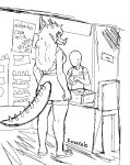  2023 anon_(snoot_game) anthro apron aquilops artist_name black_and_white bodily_fluids clothing dinosaur dress duo faceless_character feet female footwear goodbye_volcano_high hair horn human inside larger_female long_hair long_tail male mammal meme monochrome reptile rosa_(gvh) rsbr sandals scalie signature size_difference smaller_male smile snoot_game_(fan_game) snout spikes spikes_(anatomy) sweat tail toes 