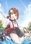  2girls absurdres black_cape blush brown_eyes brown_hair cape crab crossover fishing fishing_rod fluno grey_shirt grey_skirt hair_ornament highres holding holding_fishing_rod karakai_jouzu_no_takagi-san komekko kono_subarashii_sekai_ni_bakuen_wo! kono_subarashii_sekai_ni_shukufuku_wo! multiple_girls outdoors pleated_skirt red_ribbon ribbon river shirt short_ponytail skirt sky splashing star_(symbol) star_hair_ornament takagi-san thighs water white_shirt 