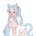  1girl angela_(project_moon) animal_ears blue_hair blush breasts cat_ears cat_tail closed_eyes fang highres large_breasts lobotomy_corporation long_hair moth_ram nipples one_side_up open_clothes open_mouth open_shirt parted_bangs project_moon sidelocks simple_background skin_fang solo tail very_long_hair white_background 