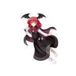  1girl alternate_hair_length alternate_hairstyle bat_wings black_cape black_skirt black_vest book bow bowtie cape closed_mouth embodiment_of_scarlet_devil full_body game_cg head_wings highres holding holding_book koakuma looking_at_viewer red_bow red_bowtie red_eyes red_hair rotte_(1109) shirt short_hair short_sleeves simple_background skirt smile socks solo third-party_source touhou touhou_lost_word vest white_background white_shirt white_socks wings 