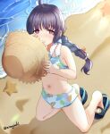  1girl aona_(anagasaki) beach bikini black_hair blue_archive blush braid breasts bright_pupils hat highres kneeling leaf_print long_hair looking_at_viewer miyu_(blue_archive) miyu_(swimsuit)_(blue_archive) official_alternate_costume print_bikini red_eyes shore small_breasts solo straw_hat swimsuit twin_braids white_bikini white_pupils 