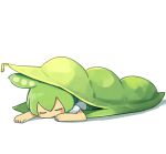  1girl :&gt; blush_stickers chibi closed_eyes closed_mouth commentary_request facing_viewer food-themed_sleeping_bag green_hair green_shorts highres konohoshi lying multiple_sources on_stomach outstretched_arm pea_pod shirt short_sleeves shorts simple_background sleeping sleeping_bag solo under_covers voicevox white_background white_shirt zundamon 