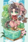  1girl aerith_gainsborough ahoge arestear0701 artist_name bangle boots bracelet braid braided_ponytail brown_footwear brown_hair chibi choker cropped_jacket curly_hair dress final_fantasy final_fantasy_vii fish flower full_body green_eyes hair_ribbon highres holding_clover jacket jewelry leaf light_blush long_dress long_hair looking_at_viewer outdoors parted_bangs pillarboxed pink_dress pink_flower pink_ribbon plant puffy_short_sleeves puffy_sleeves red_jacket red_ribbon ribbon ribbon_choker rock short_sleeves sidelocks single_braid solo standing water 
