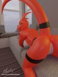  3d_(artwork) anthro bandai_namco bedroom_eyes blender_(software) digimon digimon_(species) digital_media_(artwork) female furniture genitals guilmon hi_res hiddenmask18 lidded_eyes narrowed_eyes open_mouth pussy raised_tail red_body scalie seductive sofa solo tail tongue tongue_out 