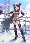  1girl armpits black_footwear black_hair black_leotard blue_sky blurry blurry_background blush boots breasts closed_mouth cloud cloudy_sky commentary_request covered_navel day depth_of_field double_bun hair_bun hand_on_own_hip highres holding holding_scythe kuroe_(madoka_magica) leotard looking_at_viewer magia_record:_mahou_shoujo_madoka_magica_gaiden mahou_shoujo_madoka_magica outdoors outstretched_arm purple_eyes scythe see-through signature sky small_breasts solo standing standing_on_one_leg sweat swept_bangs thigh_boots umiroku 