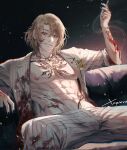 1boy black_nails blonde_hair blood blood_on_arm blood_on_face chest_tattoo cigarette commentary english_commentary gi_(xogieve) highres holding holding_cigarette jacket luca_kaneshiro male_focus nijisanji nijisanji_en open_clothes open_jacket pants purple_eyes short_sidetail sitting solo spread_legs striped striped_pants tattoo topless_male virtual_youtuber white_jacket white_pants 