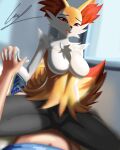  absurd_res anthro big_breasts braixen breasts canid canine female fur generation_6_pokemon hi_res humanoid inner_ear_fluff jacsn mammal nintendo pokemon pokemon_(species) simple_background solo tail tuft white_body white_fur yellow_body yellow_fur 