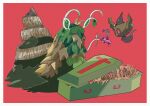  absurdres border coffin commentary_request cross_print flower highres holding holding_flower looking_down no_humans phantump pink_background pokemon pokemon_(creature) saiku_(zvlku) white_border wilted_flower wo-chien 