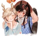  2girls antlers bandana blonde_hair blue_shirt brown_headwear cowboy_hat dragon_girl dragon_horns hat horns k0nfette kicchou_yachie kurokoma_saki long_hair multiple_girls pegasus_wings shirt short_hair square_neckline touhou turtle_shell white_bandana yellow_horns 