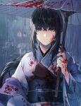  1girl absurdres black_hair blood blood_on_clothes blood_on_face blood_on_hands closed_mouth commentary english_commentary highres holding holding_umbrella japanese_clothes kimono long_hair long_sleeves mkr_(wepn3428) oil-paper_umbrella ponytail rain red_eyes rurouni_kenshin solo umbrella white_kimono wide_sleeves yukishiro_tomoe 