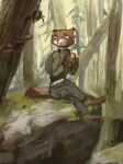  2023 anthro barefoot brown_body brown_fur clothed clothing detailed_background digital_media_(artwork) feet fully_clothed fur hi_res mammal midriff mustelid orange_eyes outside sitting solo white_body white_fur yshanii 