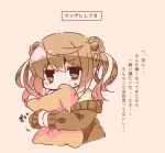 1girl alternate_costume bloom2425 brown_eyes brown_sweater commentary_request double_bun hair_bun hugging_object kantai_collection light_brown_hair michishio_(kancolle) pillow pillow_hug short_hair short_twintails solo sweater translation_request tsundere twintails 