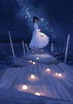  1girl black_hair copyright_request dress highres lantern long_hair looking_at_viewer non-web_source ocean path sky star_(sky) starry_sky white_dress wooden_floor 