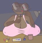  amphibian anthro big_breasts breast_rest breasts brush cleavage clothed clothing container cup eyewear female figurine frog furniture_lamp glasses huge_breasts inverted_nipples lamp liarborn nipple_outline nipples one_eye_closed paint paintbrush painting panna_(liarborn) pink_clothing pink_shirt pink_topwear red_eyes round_glasses sagging_breasts shirt sleeveless_shirt solo spaghetti_strap tongue tongue_out topwear warhammer_(franchise) warhammer_40000 