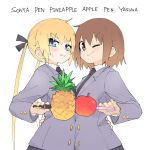  2girls apple bangs black_necktie black_ribbon blonde_hair blue_eyes brown_eyes brown_hair character_name english_text food fruit grey_jacket hair_ribbon highres holding holding_pen jacket kill_me_baby long_hair long_sleeves multiple_girls necktie one_eye_closed oribe_yasuna pen pen-pineapple-apple-pen pineapple ribbon school_uniform short_hair smile sonya_(kill_me_baby) sweat upper_body yachima_tana 