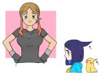  2girls arrow_(symbol) bird breasts brown_hair closed_mouth commentary_request cowlick eyelashes gloves green_eyes green_jacket hair_ornament hairclip hands_on_own_hips highres jacket liko_(pokemon) looking_at_viewer multiple_girls orla_(pokemon) parted_bangs pokemon pokemon_(anime) pokemon_horizons shiogi_(riza_49) shirt short_sleeves smile split_mouth t-shirt yellow_bag 