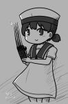  1girl :&gt; black_hair claw_(weapon) curse_(023) dress feet_out_of_frame greyscale hat hiburi_(kancolle) kantai_collection looking_at_viewer low_ponytail monochrome no_nose sailor_collar sailor_dress sailor_hat short_hair short_sleeves smile solo weapon 