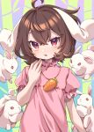  1girl :3 :d absurdres ahoge animal_ears bamboo blush brown_hair carrot_necklace dress e_sdss fingernails flat_chest floppy_ears frills hand_up highres inaba_tewi jewelry looking_at_viewer necklace open_mouth petite pink_dress pink_eyes puffy_short_sleeves puffy_sleeves rabbit rabbit_ears rabbit_girl short_hair short_sleeves simple_background smile solo touhou 