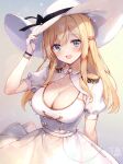  1girl alice_gear_aegis alternate_eye_color arm_behind_back blonde_hair blush braid breasts buttons cleavage collared_dress double-breasted dress epaulettes french_braid gradient_background green_eyes hair_between_eyes hat highres holding holding_clothes holding_hat kakerayuri long_hair looking_at_viewer medium_breasts medium_dress merabuchi_kanami military_uniform open_mouth puffy_short_sleeves puffy_sleeves scoop_neck short_sleeves simple_background smile solo sun_hat uniform white_dress wristband 