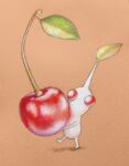  brown_background cherry colored_pencil_(medium) colored_skin cortoony english_commentary food fruit holding holding_food holding_fruit leaf looking_at_viewer marker_(medium) no_humans painting_(medium) pikmin_(creature) pikmin_(series) red_eyes shadow tiny traditional_media walking watercolor_(medium) white_pikmin white_skin 