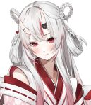  1girl blush closed_mouth gradient_hair grey_hair hair_between_eyes hololive horns japanese_clothes long_hair looking_at_viewer multicolored_hair nakiri_ayame oni oni_horns red_eyes red_hair smile solo streaked_hair virtual_youtuber white_background yuya_(pixiv37335712) 