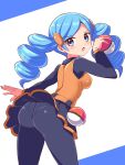  1girl ace_trainer_(pokemon) ass belt black_pantyhose black_shirt black_skirt blue_eyes blue_hair blush clothes_lift commentary cougar_(cougar1404) cowboy_shot crotch_seam drill_hair from_behind hair_ornament leaning_forward long_hair long_sleeves looking_at_viewer looking_back miniskirt open_mouth orange_belt orange_vest panties panties_under_pantyhose pantyhose pleated_skirt poke_ball poke_ball_(basic) pokemon pokemon_(game) pokemon_bw shirt skirt skirt_lift solo standing swept_bangs twin_drills twintails underwear vest wind wind_lift 