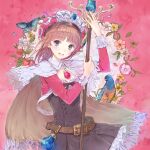  1girl absurdres animal atelier_(series) atelier_rorona belt bird blue_butterfly blue_eyes brown_dress bug butterfly cape capelet dress flower frills hat highres kishida_mel long_hair long_sleeves open_mouth pink_background pink_hair rororina_fryxell simple_background skirt smile staff white_capelet 