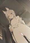  1girl :d animal_ear_fluff animal_ears ass_visible_through_thighs bar_censor blush breasts censored collarbone dutch_angle female_pubic_hair fox_ears fox_girl fox_tail from_below grey_hair grin hands_on_own_stomach heart heart_in_eye highres indoors looking_at_viewer looking_down nail_polish navel nipples nito_(nshtntr) nude off_shoulder open_clothes orange_nails original parted_lips pubic_hair pussy red_eyes short_hair small_breasts smile solo steaming_body symbol_in_eye tail thighs 