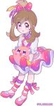  1girl anklet blush bow brown_hair carrying commentary_request crossover earrings eyelashes frills hair_bow high_heels highres jewelry kirby kirby_(series) knees may_(pokemon) open_mouth pink_bow pink_footwear pokemon pokemon_(game) pokemon_oras purple_eyes shirt short_sleeves skirt smile transparent_background watermark white_shirt yajuuraku 