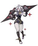  1girl ahoge asdfgh200218 belt black_belt breasts briar_(league_of_legends) colored_sclera english_commentary full_body grey_hair hair_between_eyes highres league_of_legends legs long_hair looking_at_viewer medium_breasts no_shoes open_mouth pointy_ears red_sclera sharp_teeth sidelocks simple_background smile solo sparkle standing stirrup_legwear teeth toeless_legwear toes upper_teeth_only vampire white_background white_eyes wrist_cuffs 