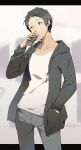  1boy adachi_tooru adam&#039;s_apple black_eyes black_hair black_jacket can canned_coffee coffee collarbone drawstring drinking grey_pants hand_in_pocket highres holding holding_can hood hooded_jacket jacket male_focus pants persona persona_4 shirt short_hair solo white_shirt yoshino_saku 