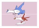  border claws closed_mouth from_side hat highres holding ia_(ilwmael9) latias latios no_humans nurse_cap pokemon pokemon_(creature) purple_background syringe white_border white_headwear yellow_eyes 