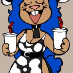  accessory anthro beverage blue_hair clothing cow_costume creator_ant dress female food hair hi_res long_hair milkshake open_mouth pattern_clothing pattern_dress snack solo spots spotted_clothing spotted_dress 