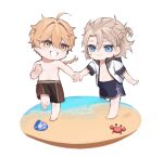  2boys aether_(genshin_impact) ahoge albedo_(genshin_impact) barefoot black_shorts blonde_hair blue_eyes blue_shorts blush braid brown_shorts chibi clenched_hand closed_mouth collarbone crab french_braid full_body genshin_impact grey_hair hair_between_eyes hand_up holding holding_hands hood hoodie leg_up long_hair looking_at_another male_focus multiple_boys ocean open_clothes open_hoodie sand short_hair short_sleeves shorts simple_background soji_777 standing standing_on_one_leg teeth two-tone_shorts water white_background white_hoodie yaoi yellow_eyes 