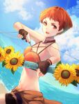  1girl bad_anatomy bikini bow_(weapon) cloud fire_emblem fire_emblem:_three_houses fire_emblem_heroes flower holding holding_bow_(weapon) holding_weapon leonie_pinelli leonie_pinelli_(summer) looking_at_viewer navel ocean open_mouth orange_bikini orange_eyes orange_hair outdoors riou_(pooh920) short_hair smile sunflower swimsuit very_short_hair weapon 