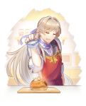  1boy apron blonde_hair border cassius_(granblue_fantasy) closed_eyes closed_mouth facing_viewer fading_border food food_on_face fruit garnish gold_trim granblue_fantasy hair_intakes hair_ribbon highres holding jacket jar lapels long_hair male_focus maritozzo meme notched_lapels powdered_sugar purple_ribbon red_apron ribbon salt_bae_(meme) shelf shirt sieve sleeves_rolled_up smile solo strawberry table tray upper_body white_jacket white_shirt yuiko_(yuiyuiko_108) 