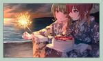  2girls aketa_mikoto beach blush brown_hair cake commentary fireworks floral_print food green_hair holding_fireworks idolmaster idolmaster_shiny_colors japanese_clothes kimono kotobuki_haruki multiple_girls nanakusa_nichika outdoors print_kimono shhis_(idolmaster) signature smile sparkler strawberry_cake yukata 