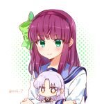  2girls absurdres angel_beats! black_hairband blue_sailor_collar blunt_bangs blush bow bright_pupils chibi chibi_inset closed_mouth commentary_request crossed_arms eyelashes green_bow green_eyes hair_bow hairband highres hug long_sleeves looking_down multiple_girls nakamura_yuri purple_hair sailor_collar shinda_sekai_sensen_uniform shirt simple_background smile straight_hair tachibana_kanade twitter_username white_background white_hair white_pupils white_shirt zuzuhashi 