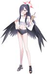 1girl angel_wings bare_shoulders bikini black_bikini black_choker black_footwear black_hair black_wings blue_archive choker grey_eyes halo hand_on_own_hip highres ichika_(blue_archive) looking_at_viewer nekoln one_eye_closed open_mouth ponytail sandals shirt simple_background smile solo swimsuit thighs white_background white_shirt wings 