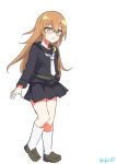  1girl absurdres black_serafuku black_shirt black_skirt brown_eyes brown_hair crescent crescent_pin full_body glasses highres kantai_collection long_hair mochizuki_(kancolle) neckerchief one-hour_drawing_challenge pleated_skirt red-framed_eyewear robinson_(day_l_full) sailor_collar sailor_shirt school_uniform serafuku shirt simple_background skirt socks solo standing white_background white_neckerchief white_socks 